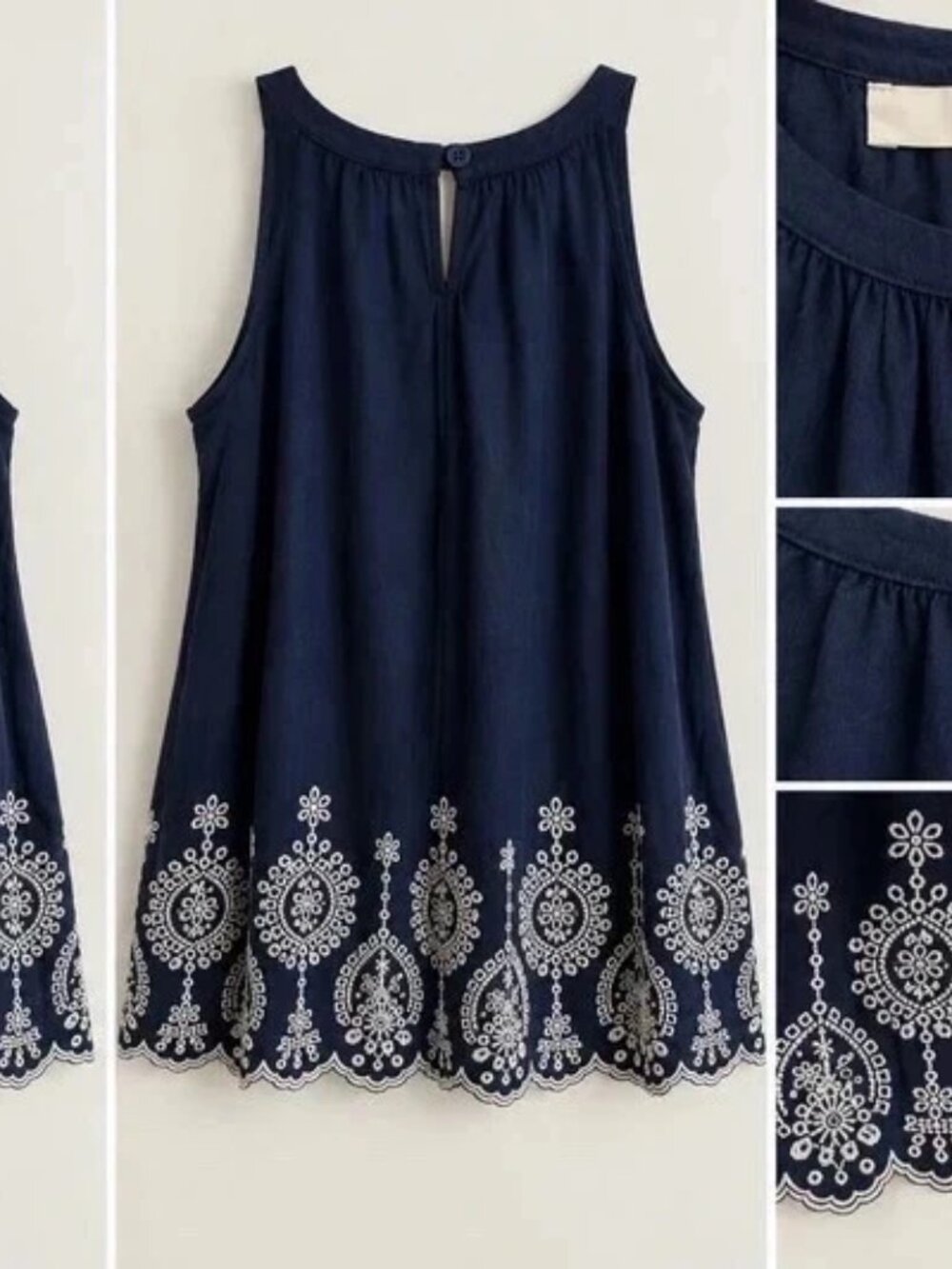 LOFT Navy Blue Embroidered Sleeveless Swing Top – Small NWT